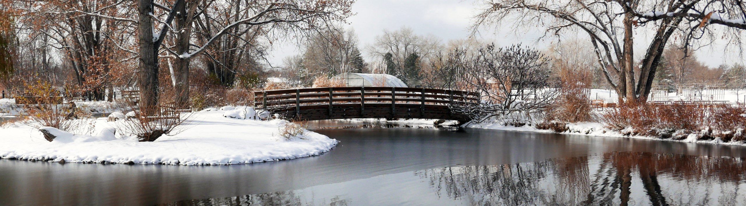 A bridge cuts across a frozen lake.