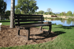 A bronze bench, designed to look as though it is made of wood