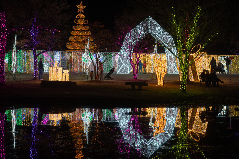 Light displays and trees reflected on lake