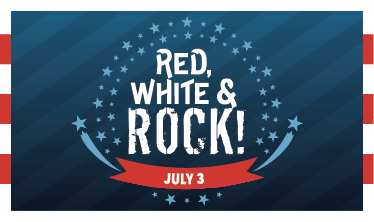 "Red, White & ROCK,; July 3" surrounded by light blue stars over a navy blue striped background