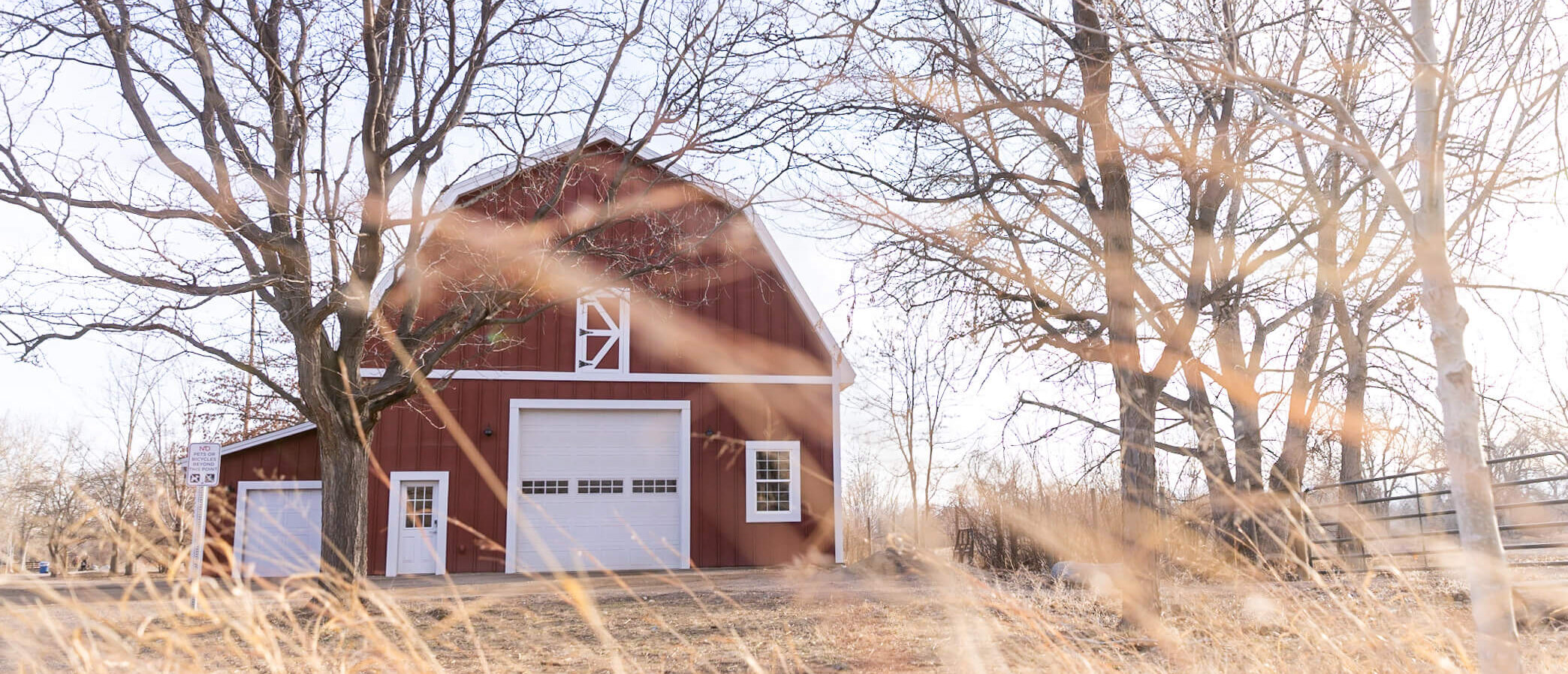Red Barn with dry, winter grass and leafless trees