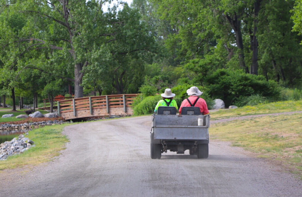 Two volunteers driving a utility cart down a path
